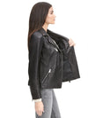 Women's Asymmetrical Zip Leather Jacket w/ Metallic Details Black