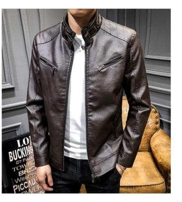 LNREAL Men's Synthetic Leather Jackets Solid Slim Stand Collar Zipper Fashion Coat