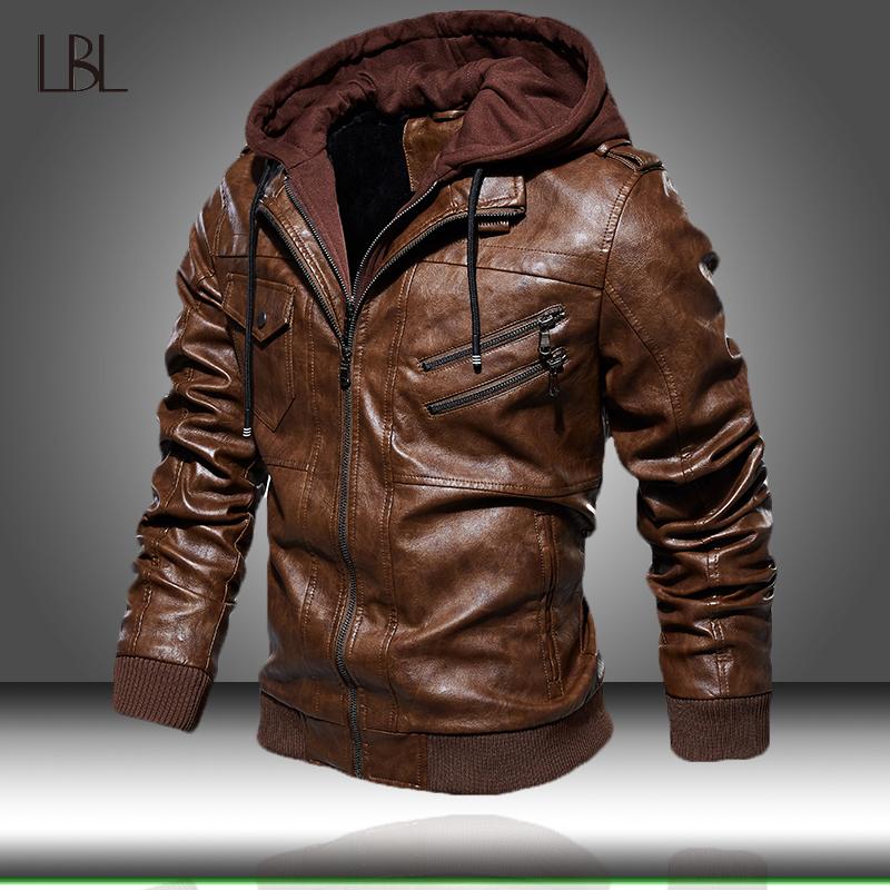 Men's PU Leather Jacket Men Motorcycle Hood Winter Coat Man Warm Casual Leather Jackets